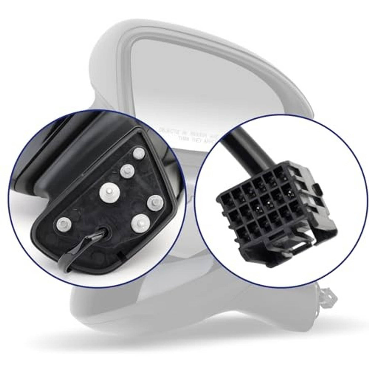 Black driver-side mirror back cover with mounting plate and connector ports