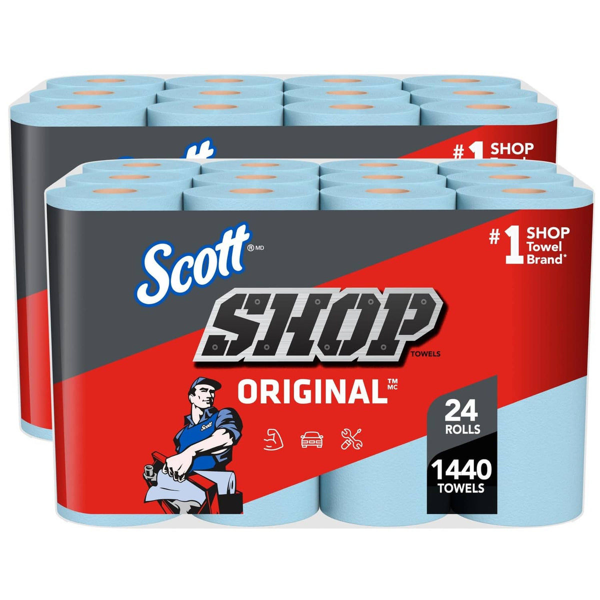 Blue Scott Original shop towel rolls pack, multi-purpose, 24 rolls total.