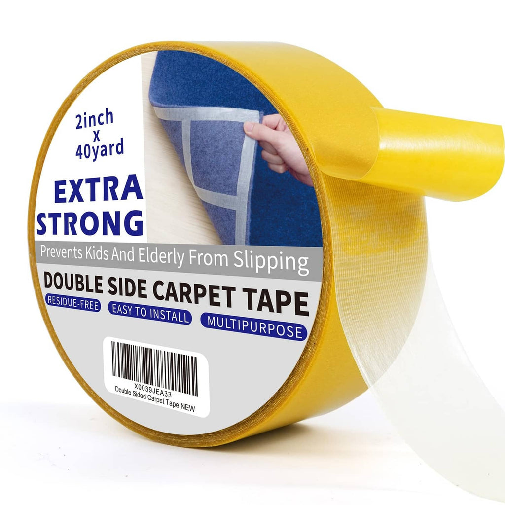 Yellow double-sided carpet tape roll with dispensing handle and blue backing