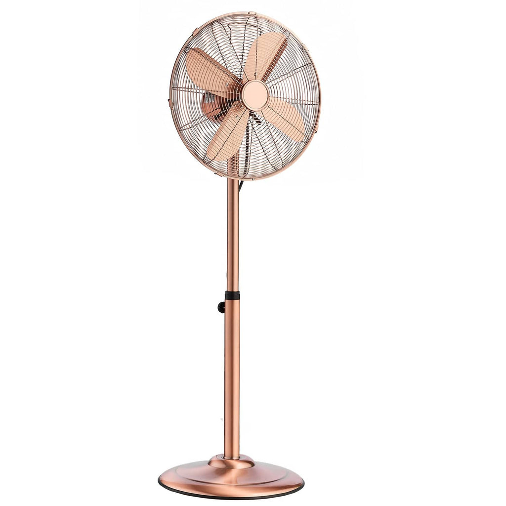Rose gold metal pedestal oscillating fan with circular grille and 4 blades