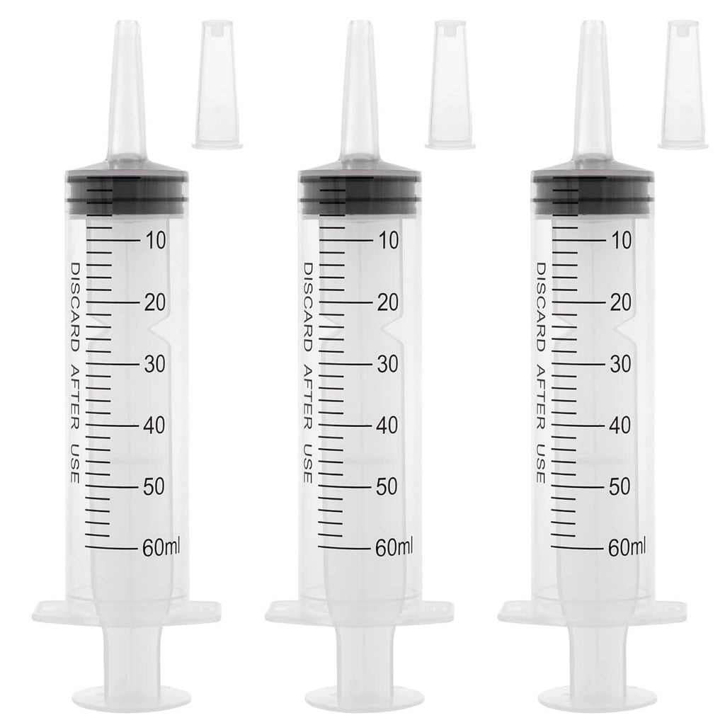 60 ml plastic syringe with cap, clear barrel and black measurement markings