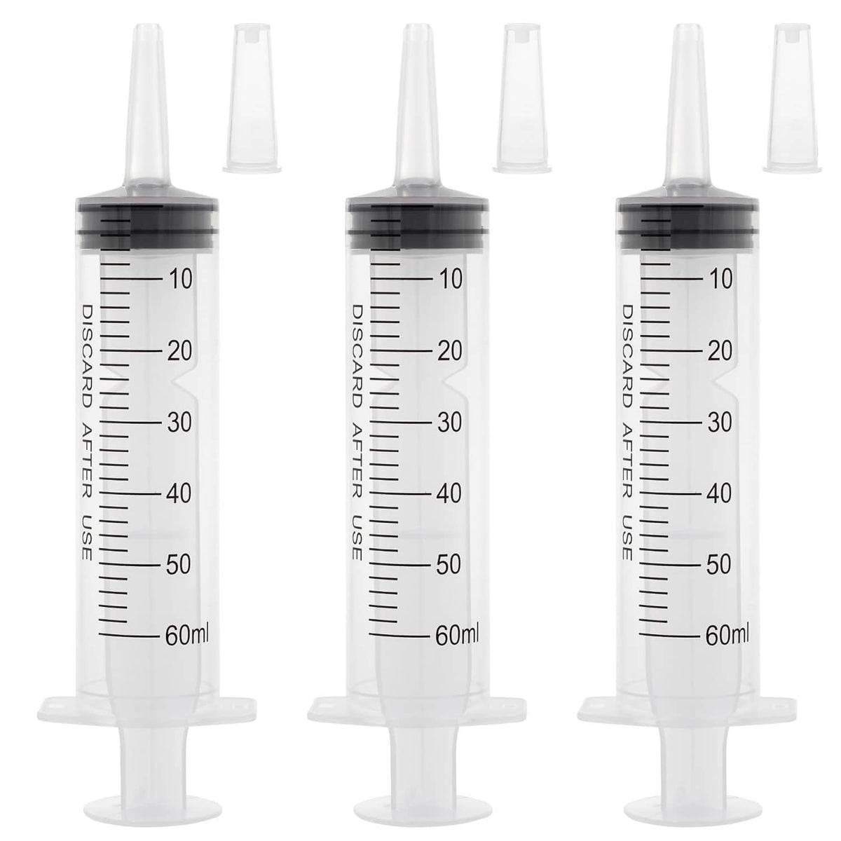60 ml plastic syringe with cap, clear barrel and black measurement markings