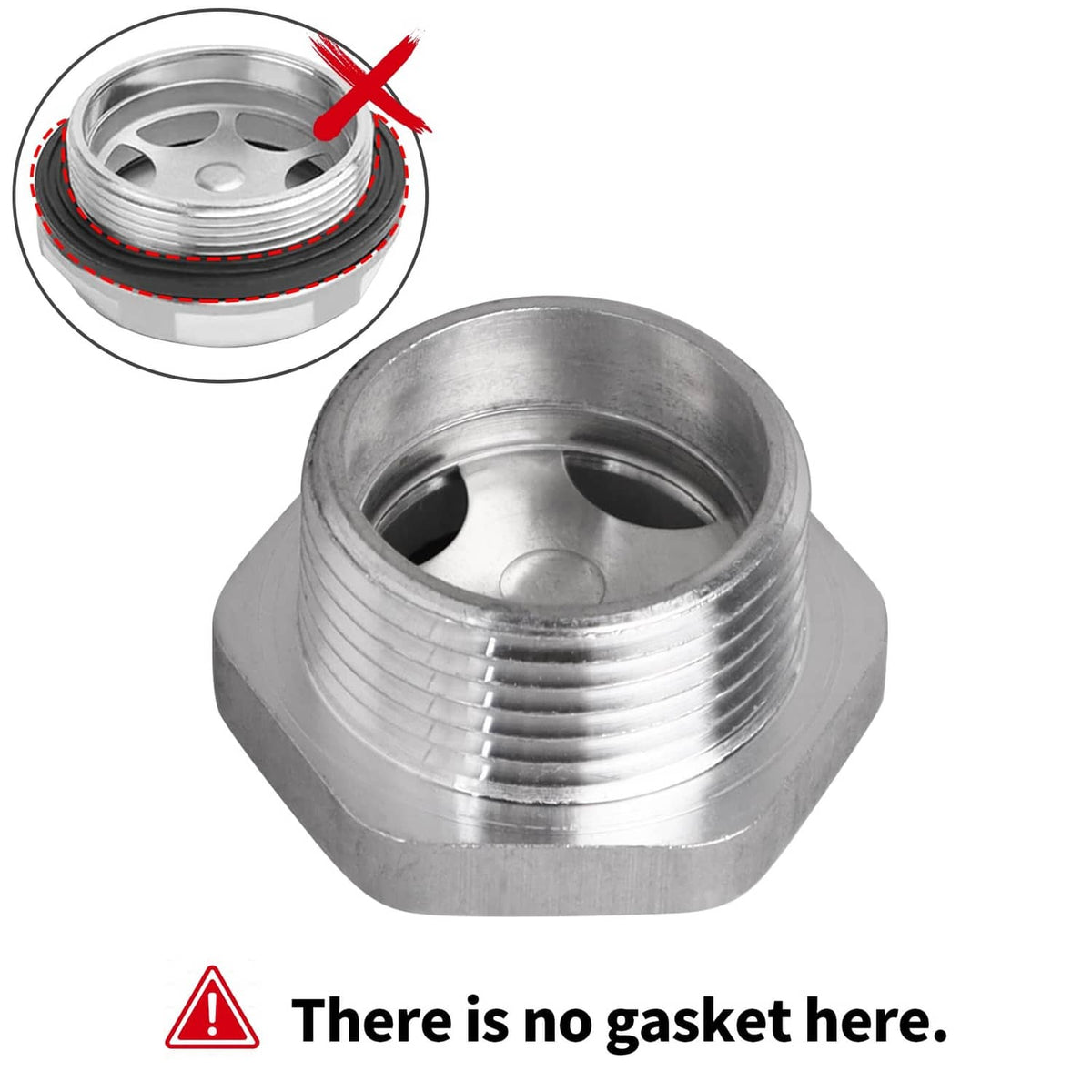 Silver oil sight glass with round window and warning symbol indicating no gasket shown