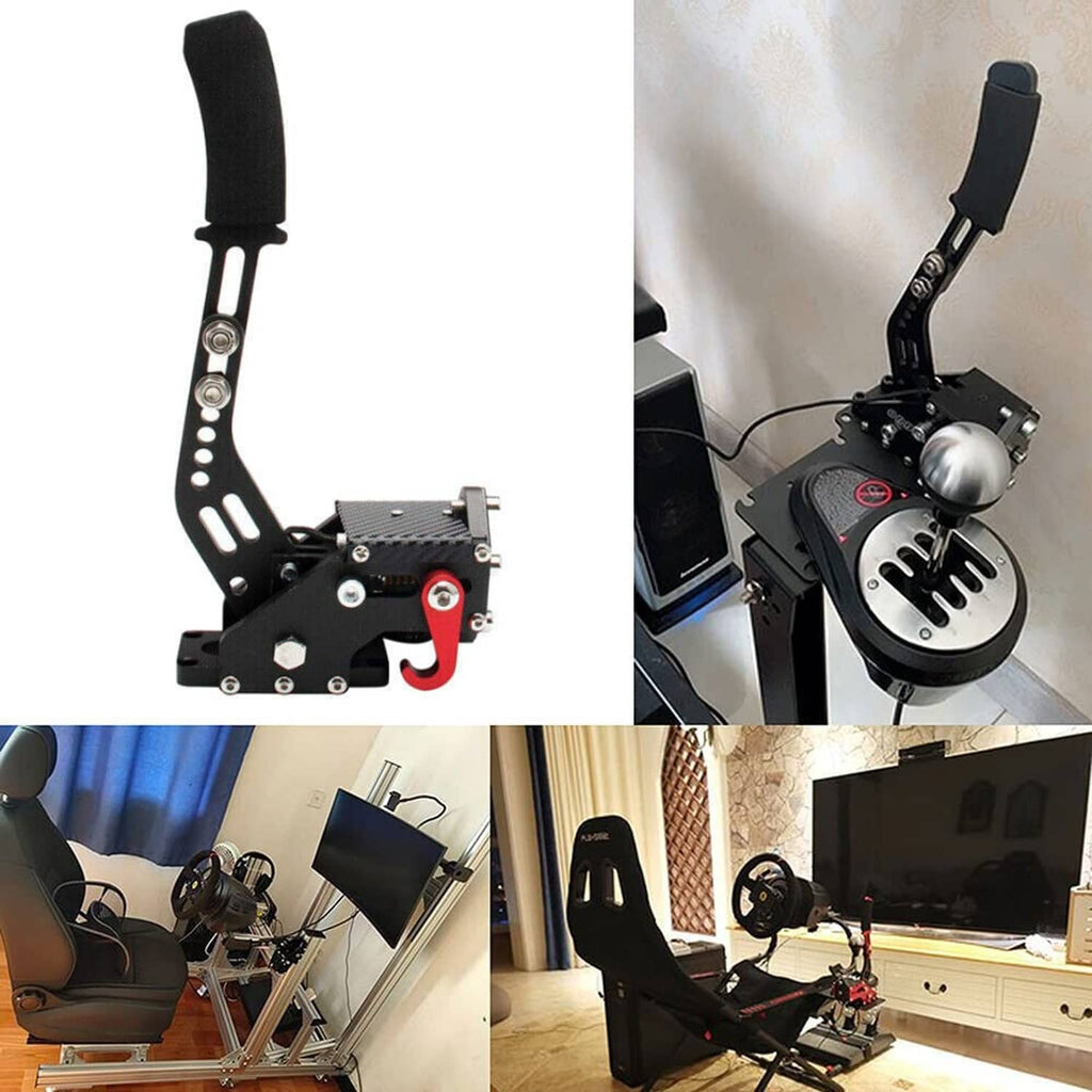 PC USB handbrake controller with black lever and metal pedal-style mounting bracket