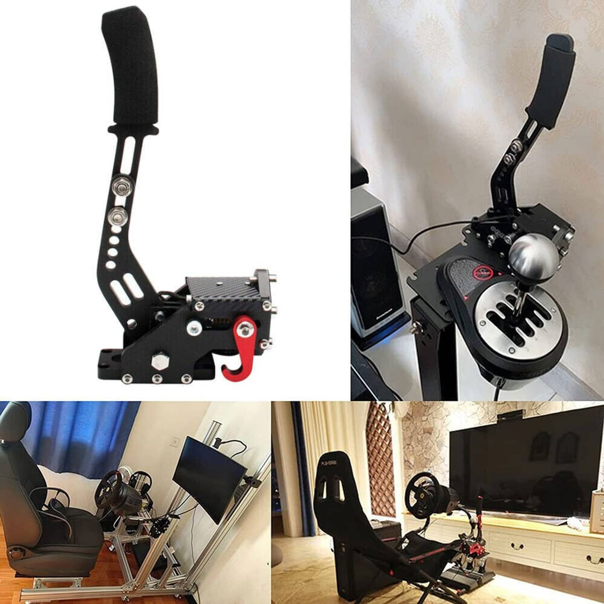 PC USB handbrake controller with black lever and metal pedal-style mounting bracket