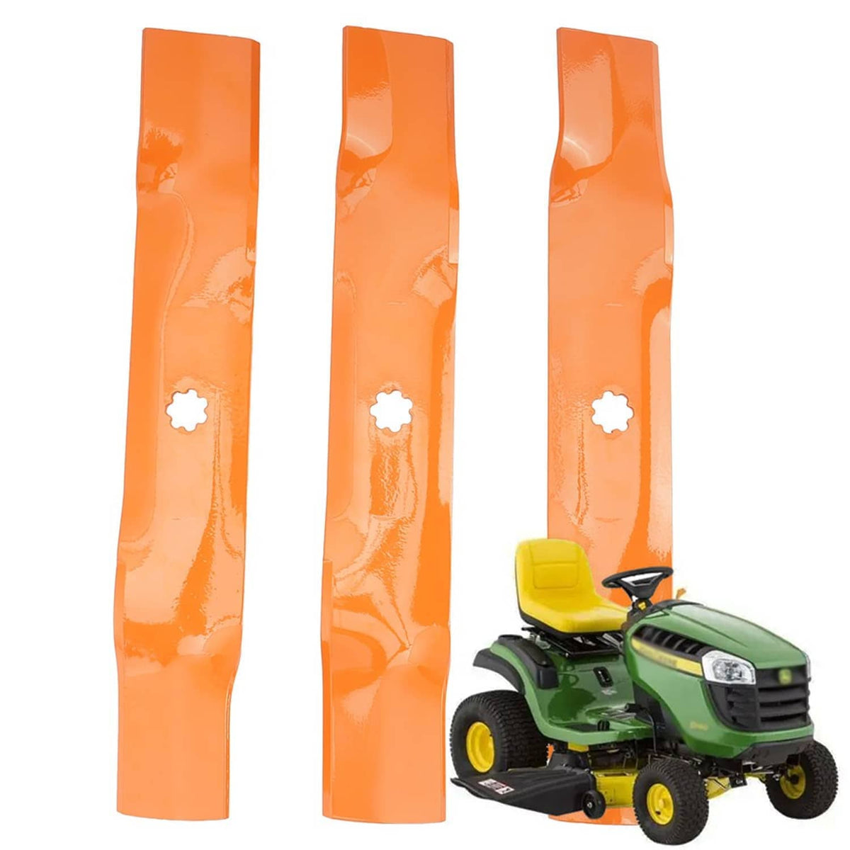 Three orange deck mower blades standing upright, star-shaped mounting holes