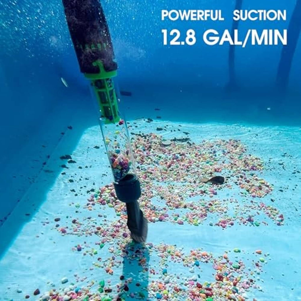 Pool vacuum head collecting debris from blue pool floor