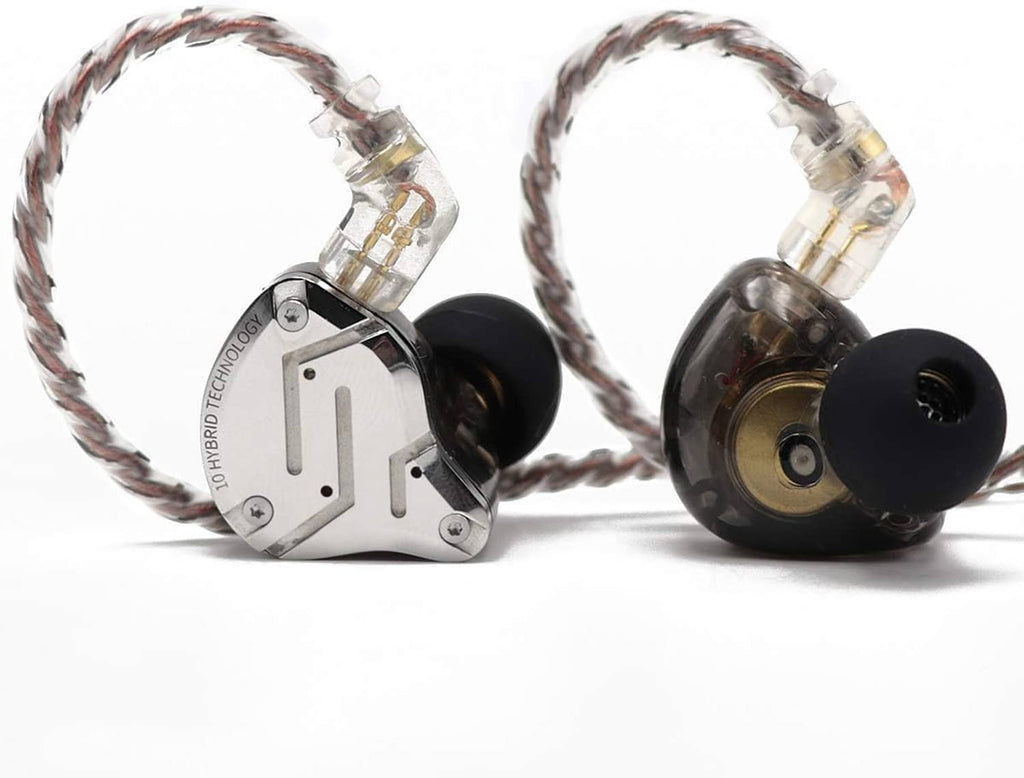 Dual wired in-ear monitors with clear braided cable, metal housings, and black eartips