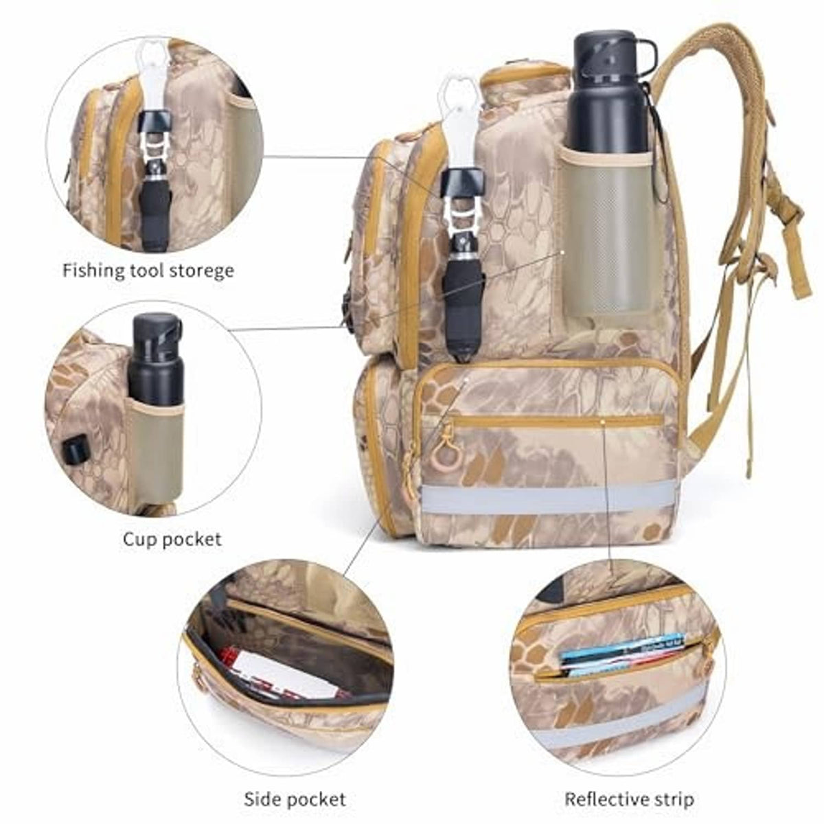 Khaki camo tackle backpack with cup pocket, side pockets, and reflective strip