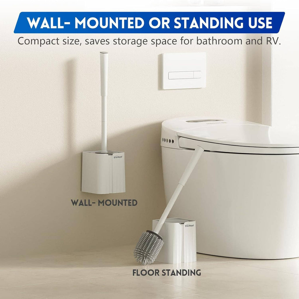 Wall-mounted or floor-standing toilet brush and holder set, compact white design