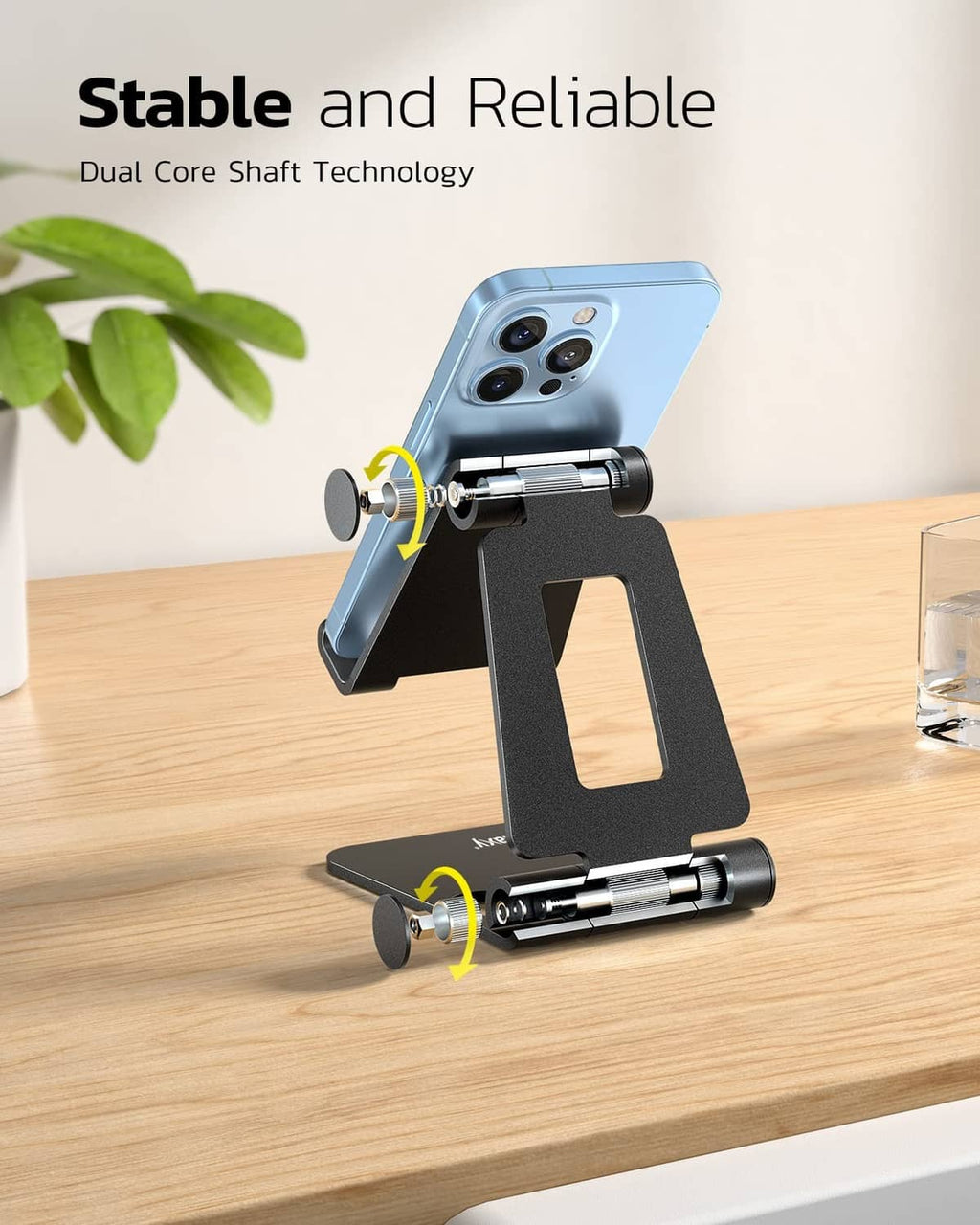 Black dual-core folding phone stand shown with adjustable jointed arms