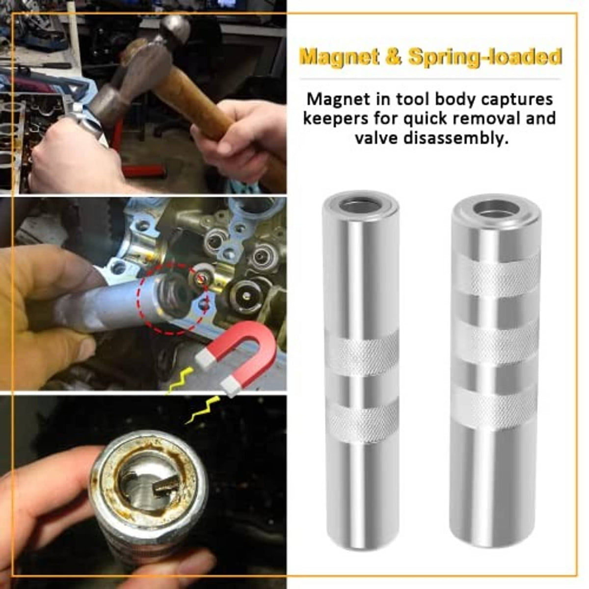 Valve keeper remover tool with magnet-captured keepers; two silver cylinders included