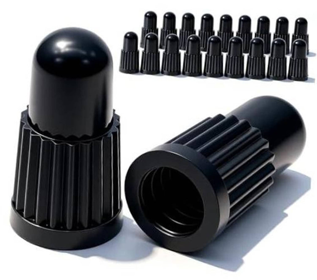Black Presta valve caps set with one cap front view and one cap angled