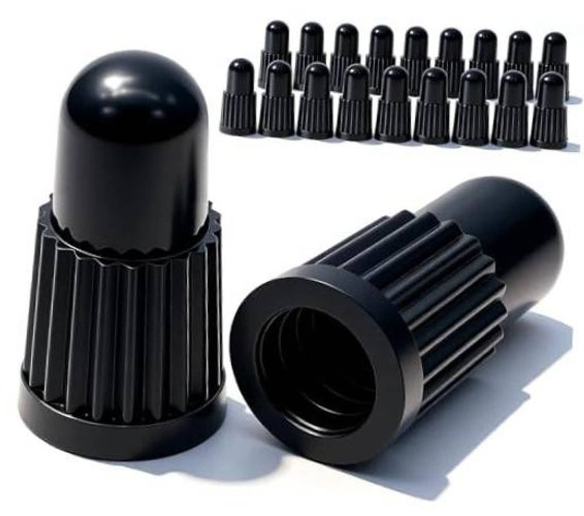 Black Presta valve caps set with one cap front view and one cap angled