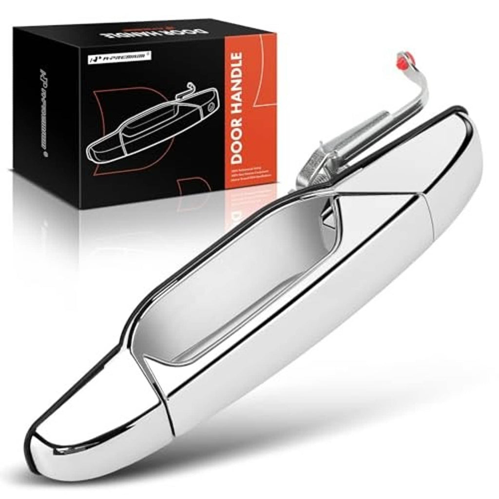 Chrome-trim exterior door handle in silver, rear left side view for car door.
