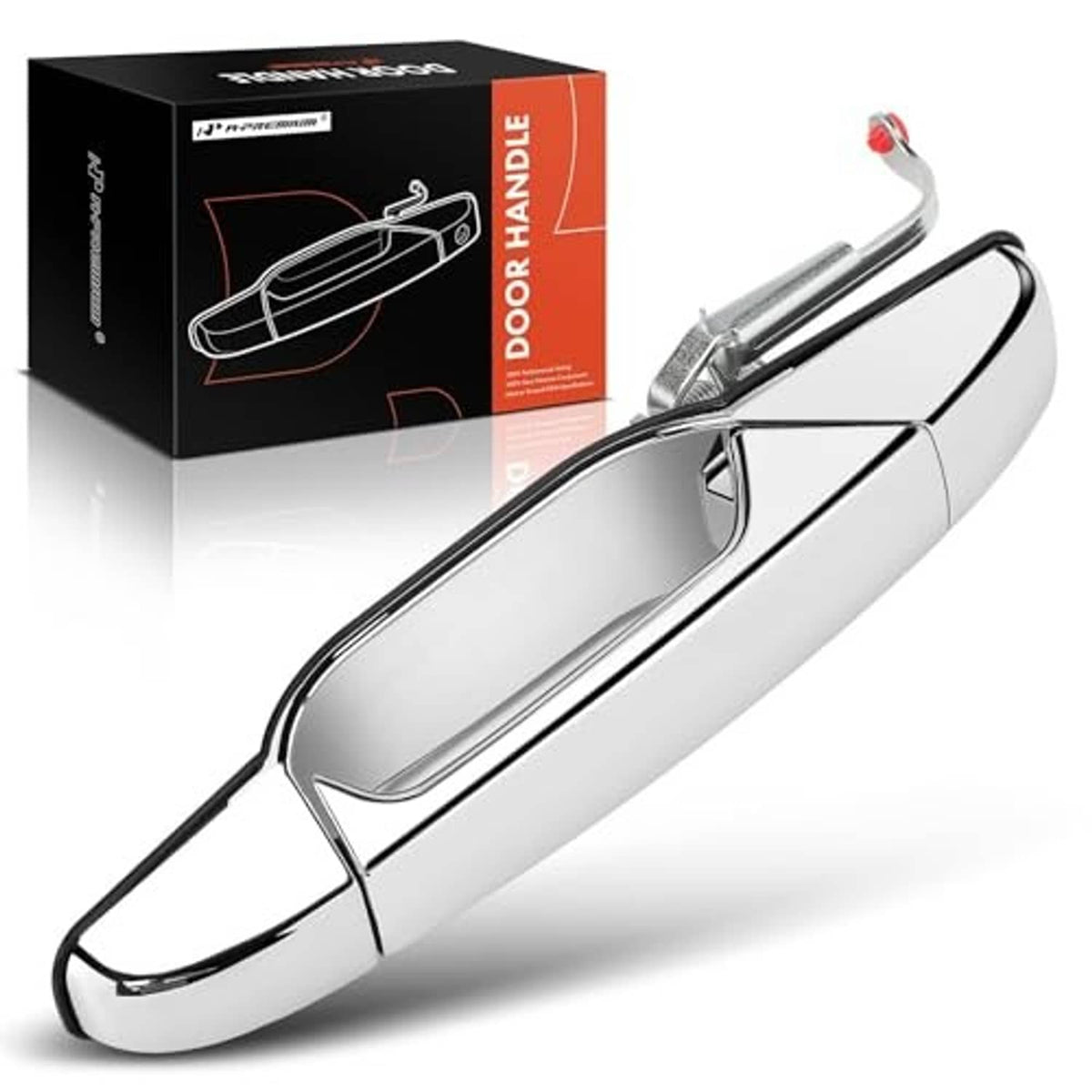 Chrome-trim exterior door handle in silver, rear left side view for car door.