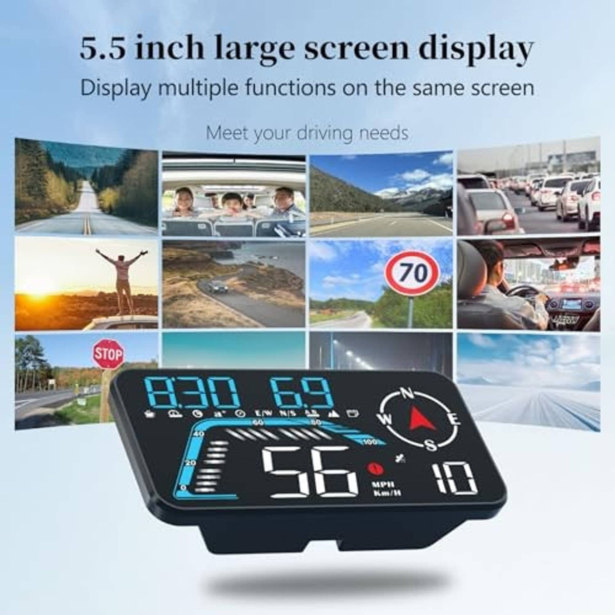 Car head-up display with large black screen, blue speed digits and bar graph