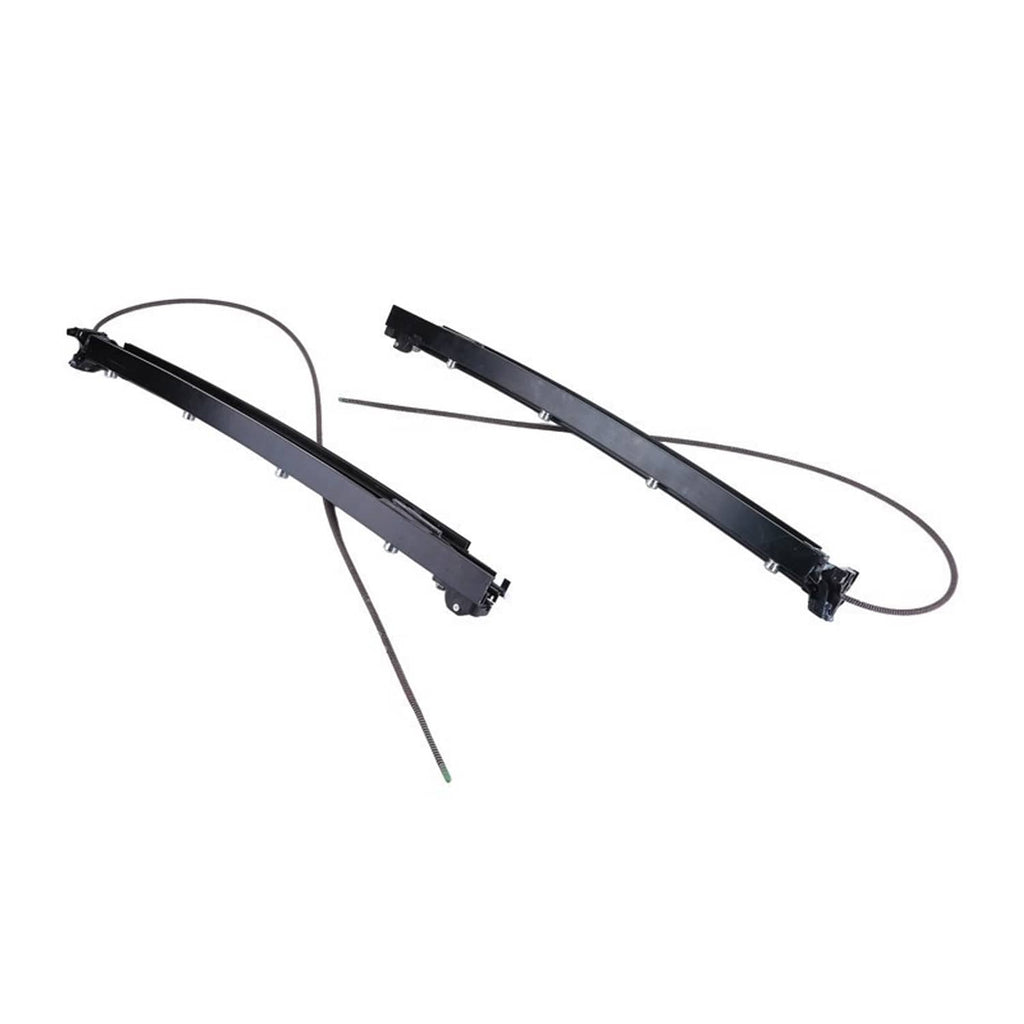 Two black sunroof sliding tracks angled view with cables and end mounting hardware