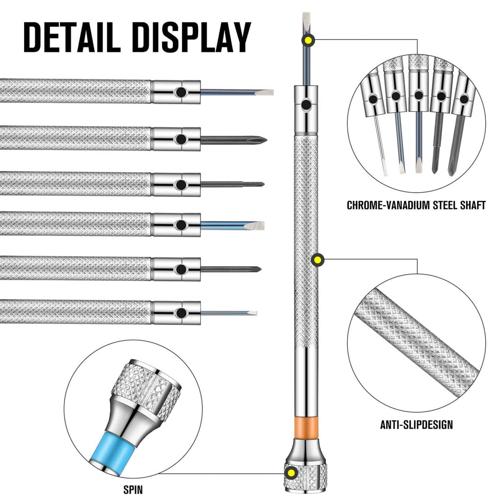 Micro screwdriver close-up with textured anti-slip grip and interchangeable bit tips
