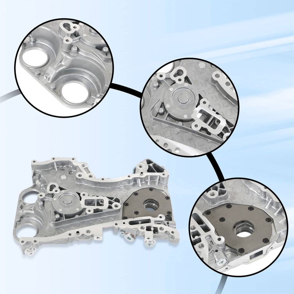 Silver timing cover assembly with close-up detail callouts of openings