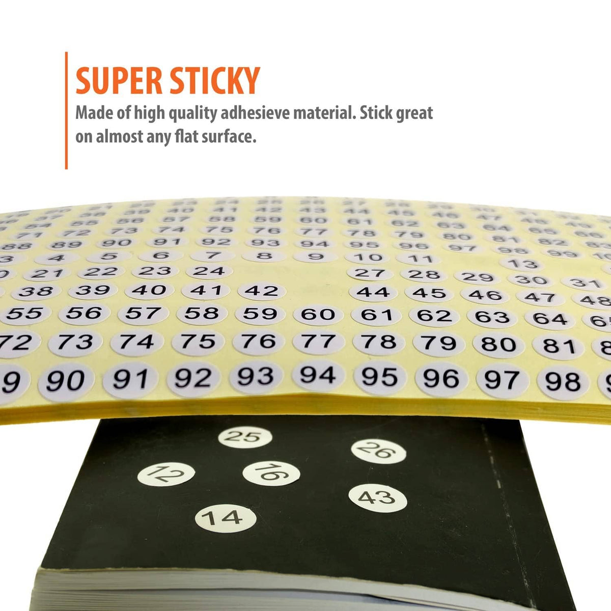 Close-up of round number stickers 90–102 on white circles on yellow backing
