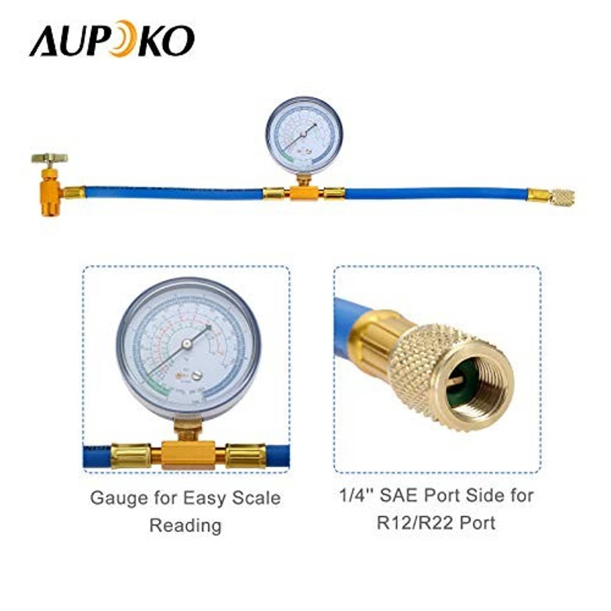 AC recharge hose with round pressure gauge and brass gauge/port connection