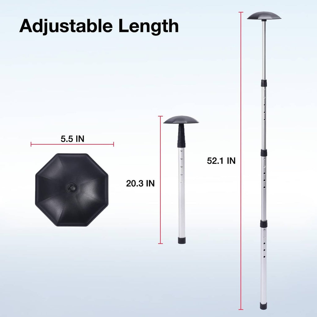 Adjustable length support pole with black top cap and measurement-marked shaft sections