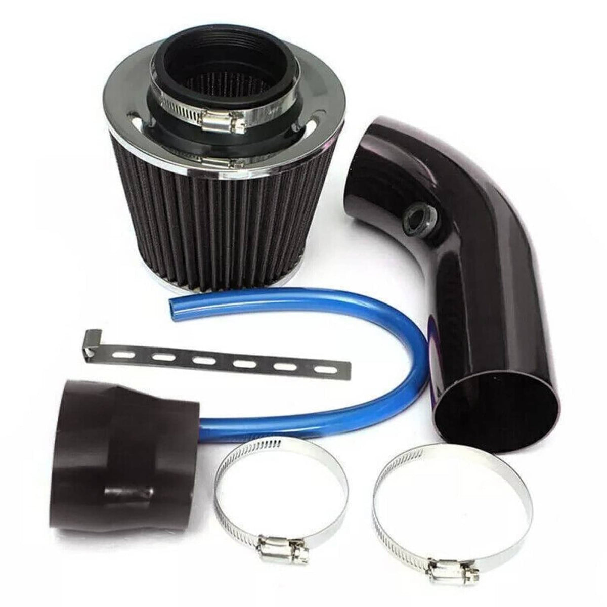 Universal cold air intake kit components: black filter, blue hose, mounting bracket, clamps