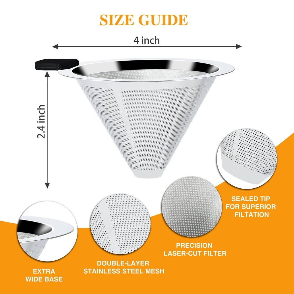 Stainless steel cone coffee dripper with fine mesh filter and sealed tip