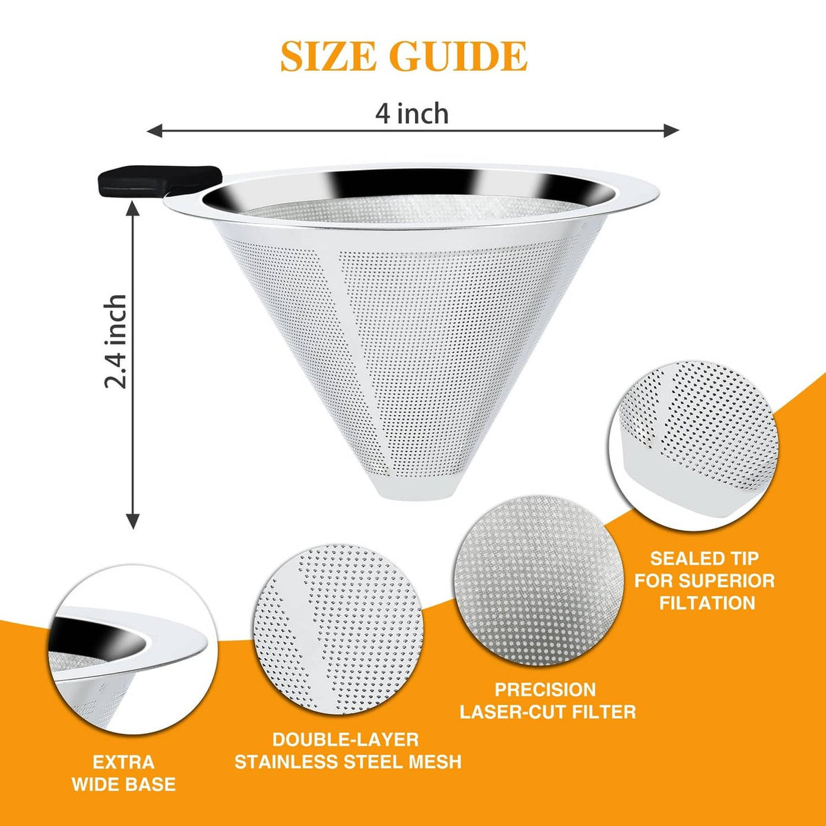 Stainless steel cone coffee dripper with fine mesh filter and sealed tip