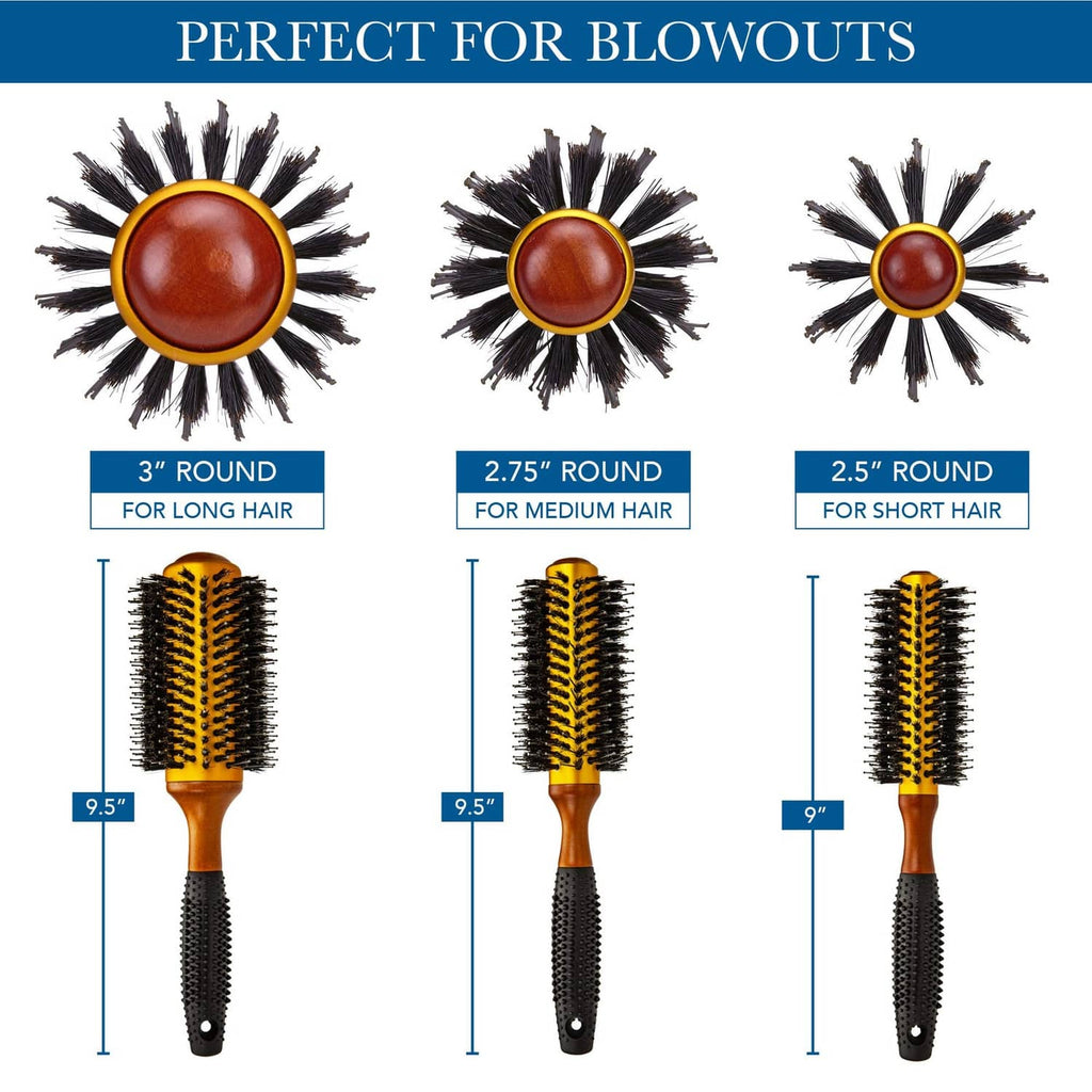 Round anti-static roller hair brush shown for long, medium, and short hair lengths