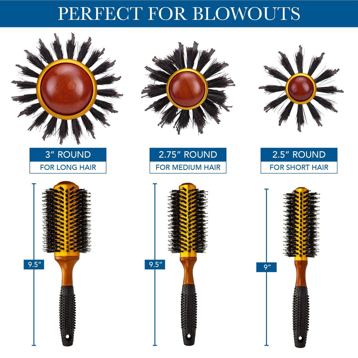 Round anti-static roller hair brush shown for long, medium, and short hair lengths
