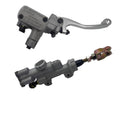 Brake master cylinder with silver lever, gray housing, and brake line fittings