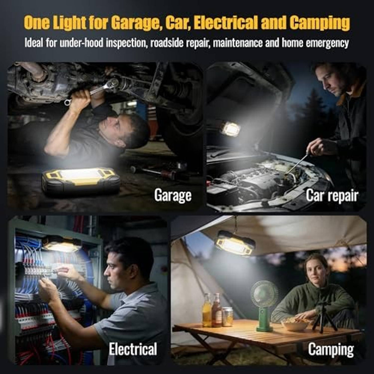 Compact yellow and black rechargeable work light with COB LED panel for garage and camping