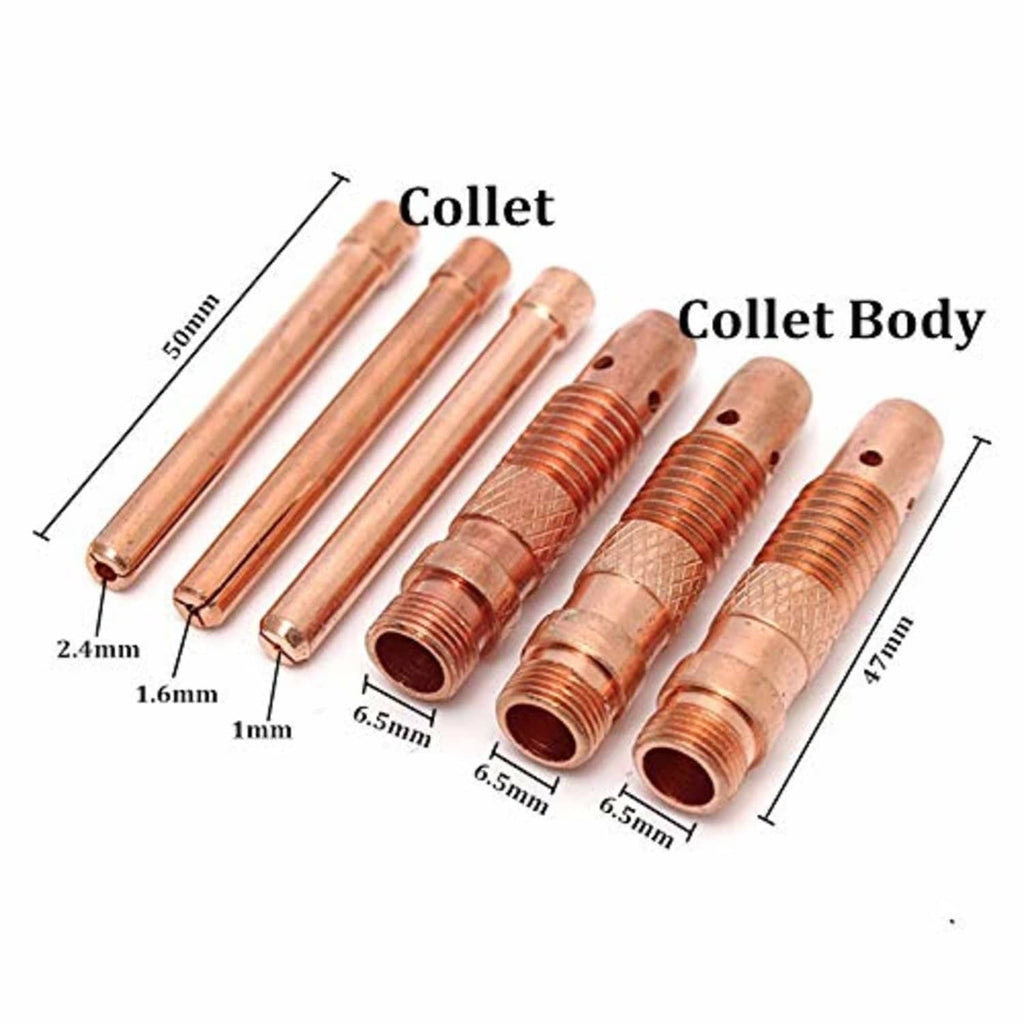 Copper collet components with threaded collet bodies and collets for TIG torch