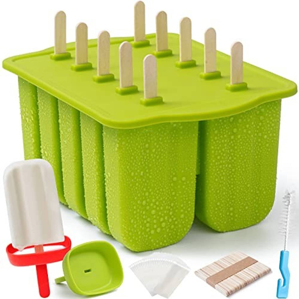 Green silicone popsicle mold tray with upright holders and base tray pieces