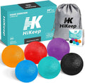 Six textured hand exercise balls in orange, red, purple, blue, teal, and black, with bag.