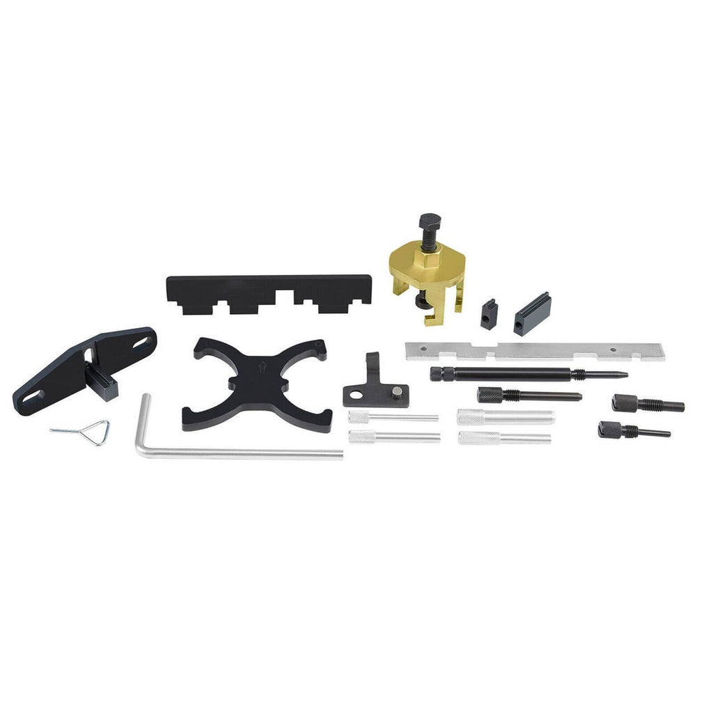 Engine timing tool kit components with black plates, gold bracket, rods, and pins