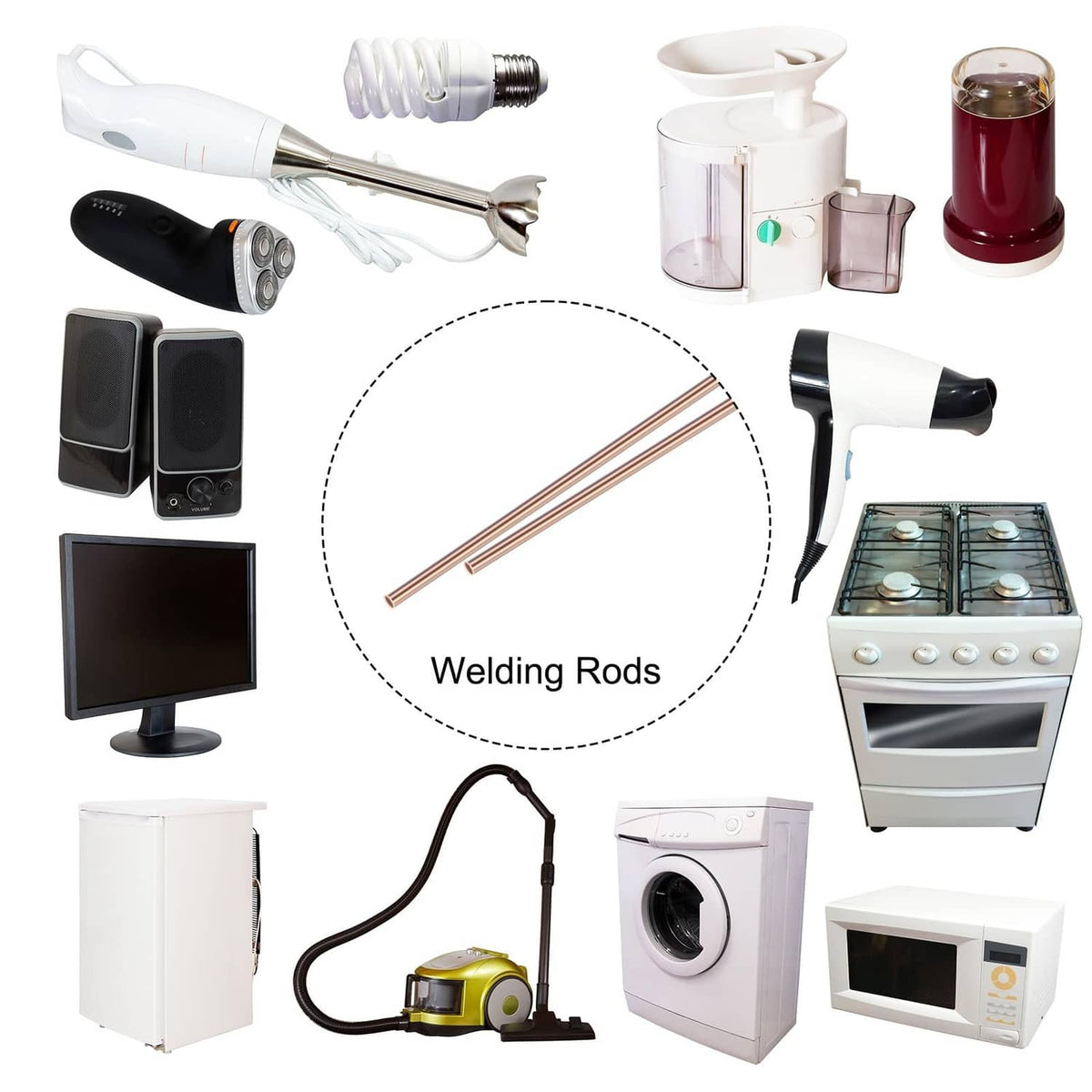 Copper brazing rods bundle shown with assorted tools and accessories