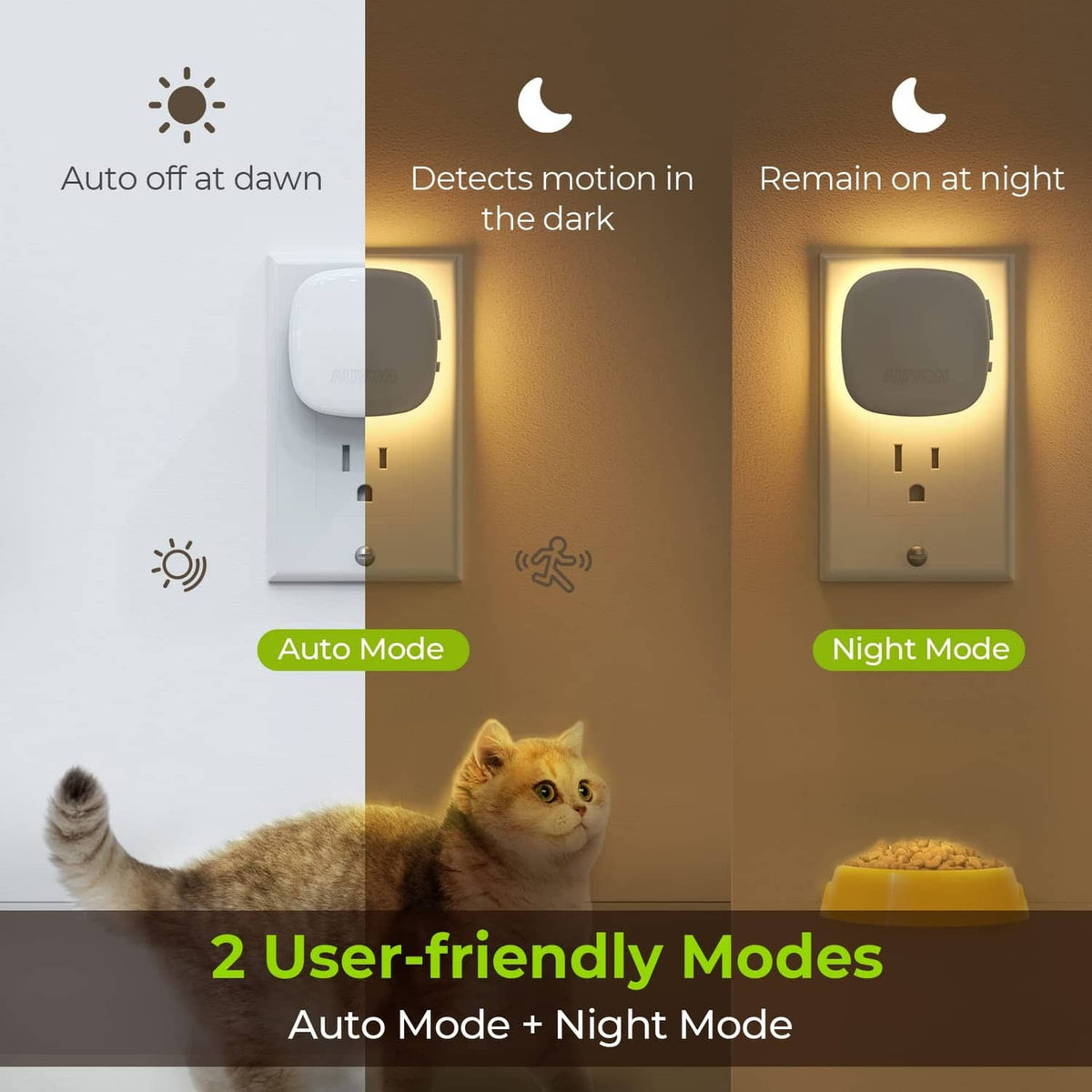Plug-in LED night light showing warm glow for night mode