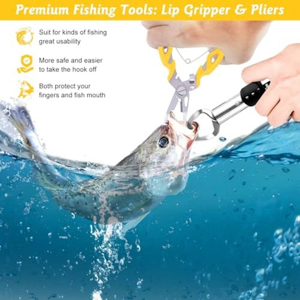 Fishing lip gripper pliers tool for safe grip and handling of fish mouth