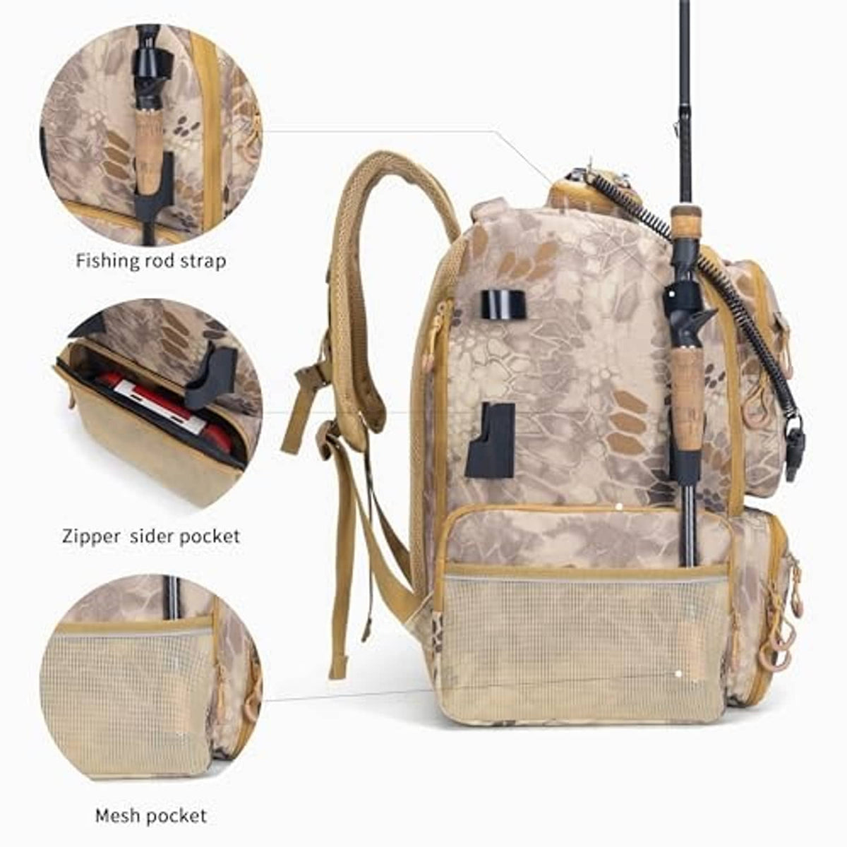 Khaki camo tackle backpack with fishing rod strap and mesh side pocket