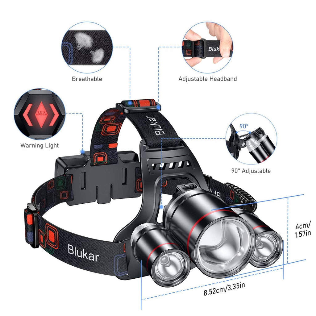 Rechargeable LED headlamp with adjustable headband and 90° tilting light