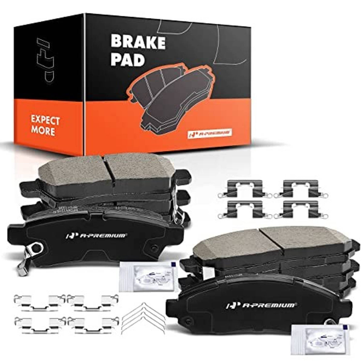Ceramic brake pad set with front and rear pads, clips, and accessory pieces