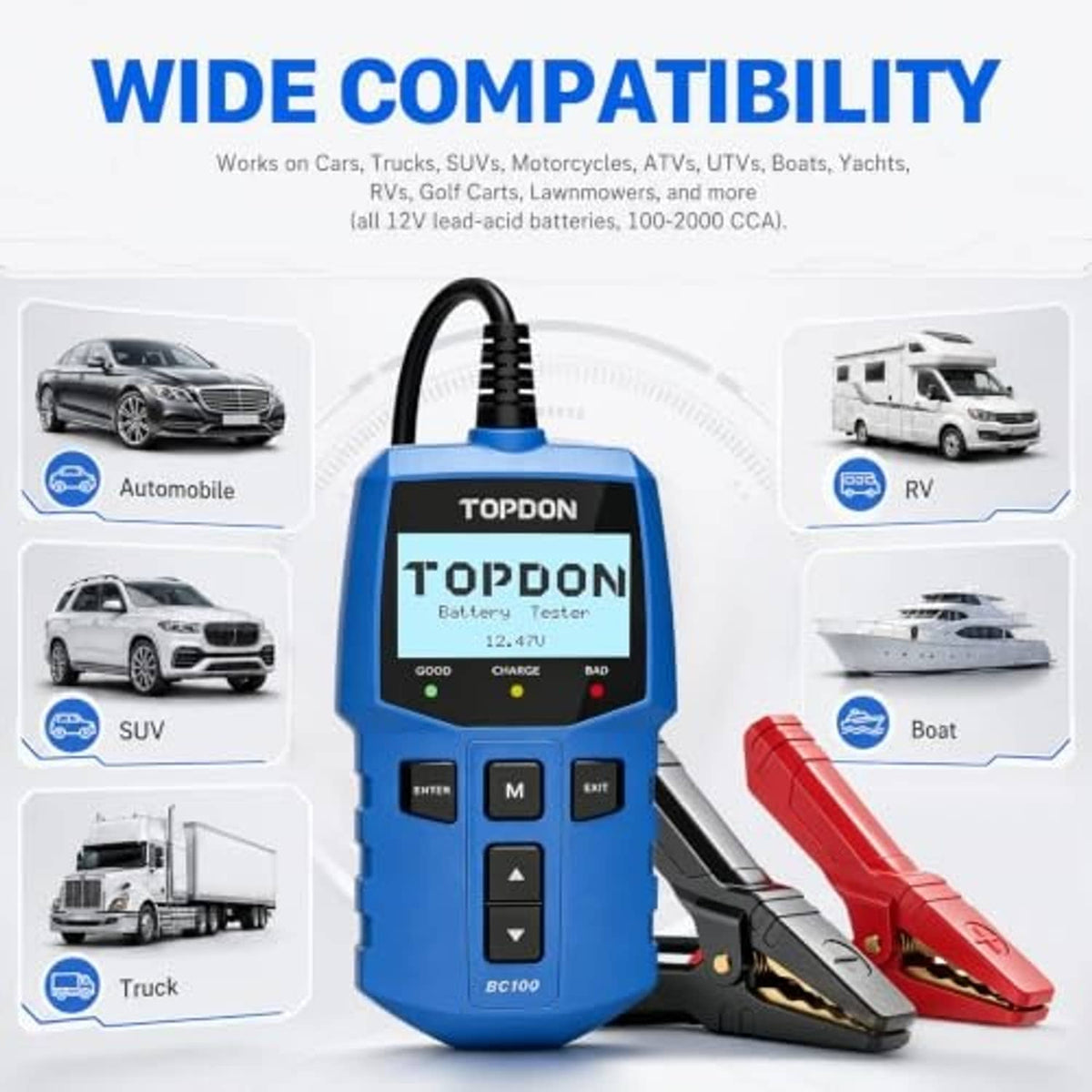 TOPDON battery tester with wide-compatibility design and connected red/black clamps