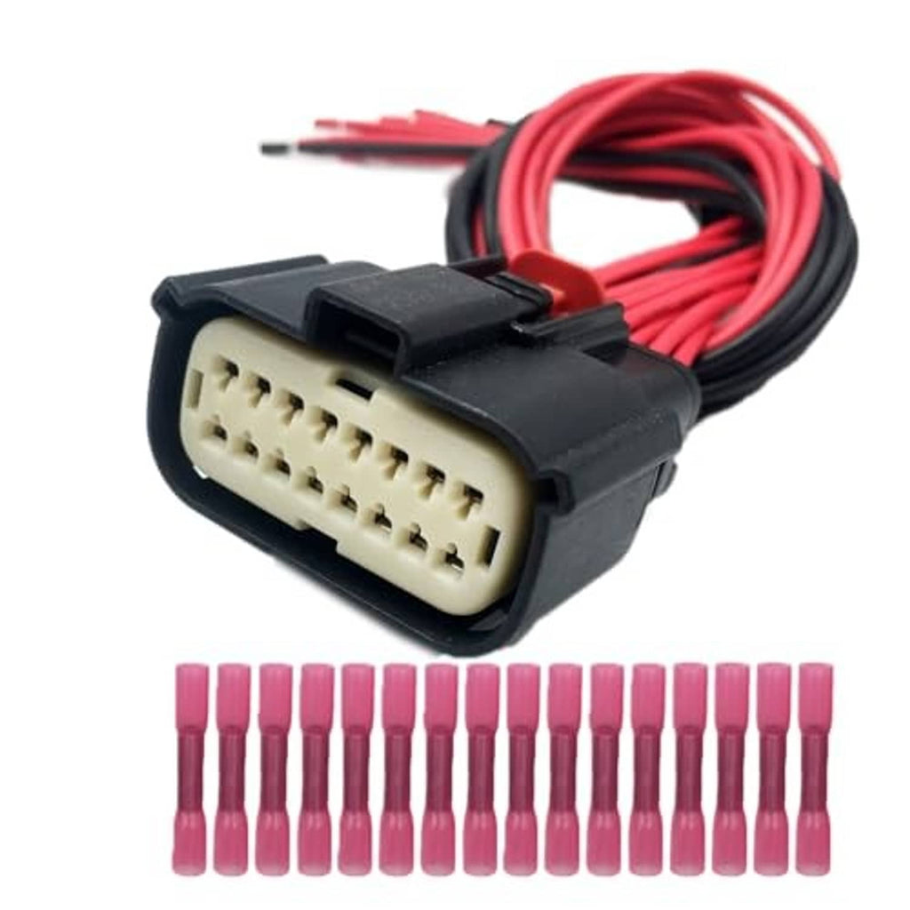 Headlight connector plug pigtail with pin row, red/black wire leads, plus pink crimp terminals