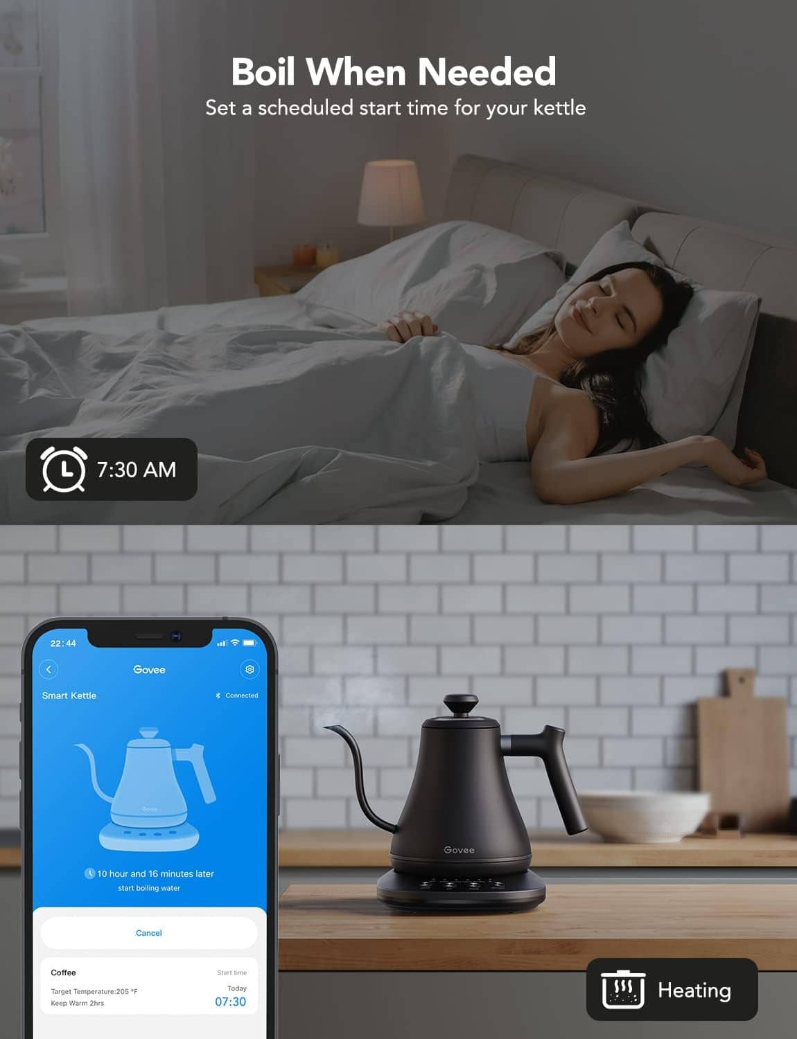 Black gooseneck electric kettle on counter with heating label and app screen