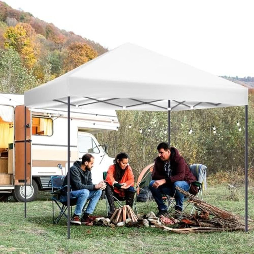 White outdoor canopy top cover on metal frame providing shaded shelter for seating