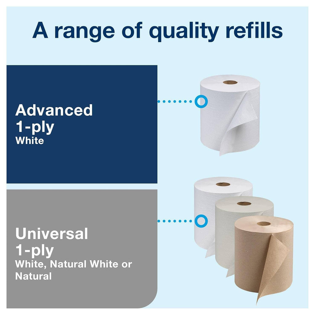 Paper towel roll refills shown: white 1-ply and universal 1-ply options