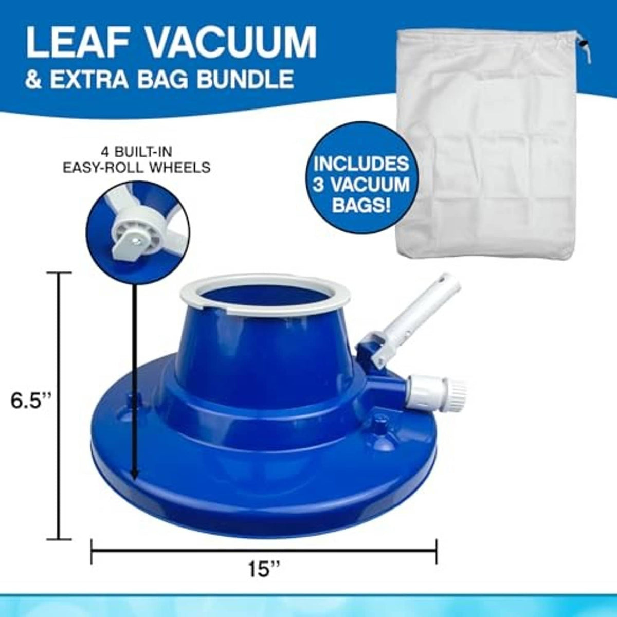 Blue pool leaf vacuum head with built-in wheels and three white vacuum bags
